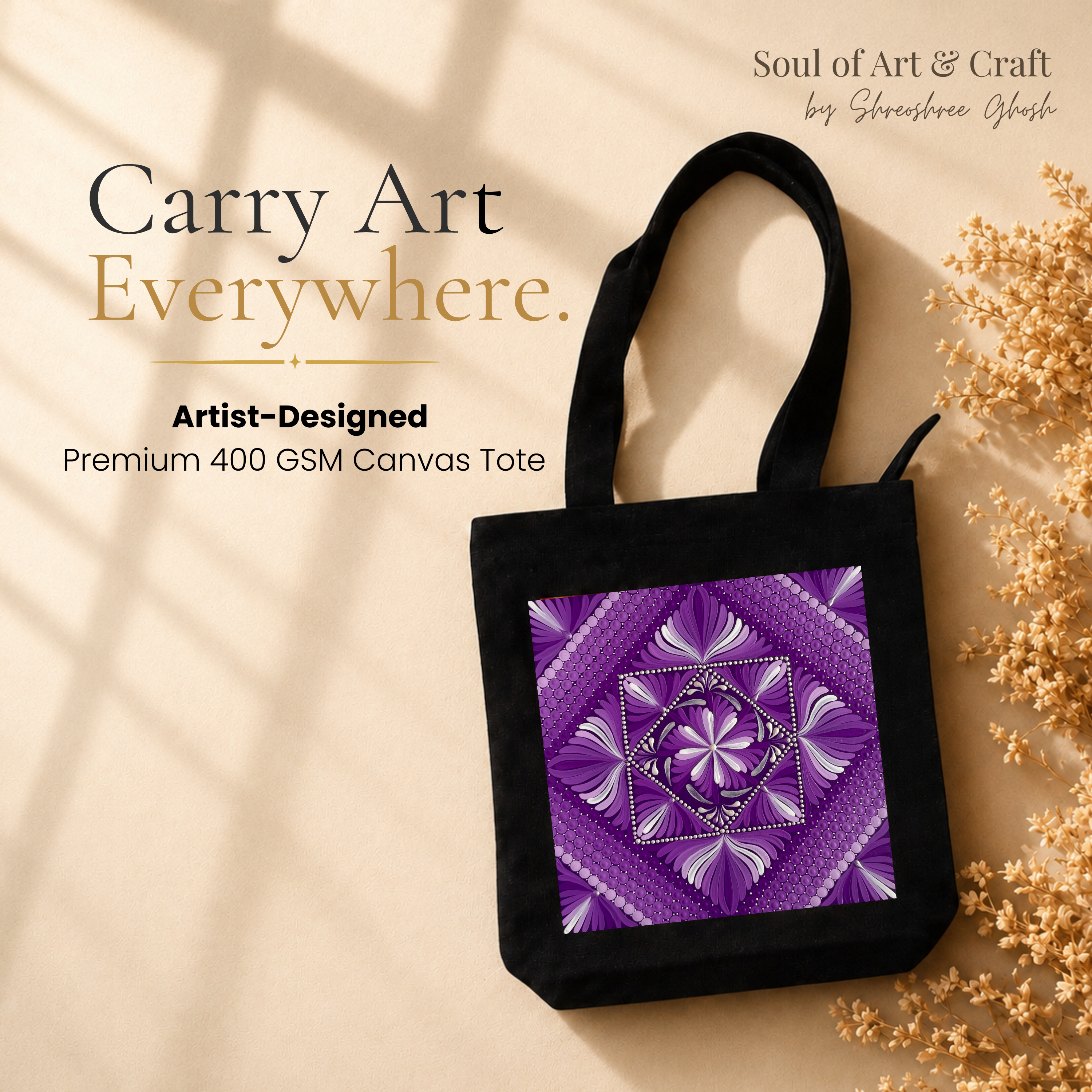 Purple Mandala Art Print Canvas Tote Bag