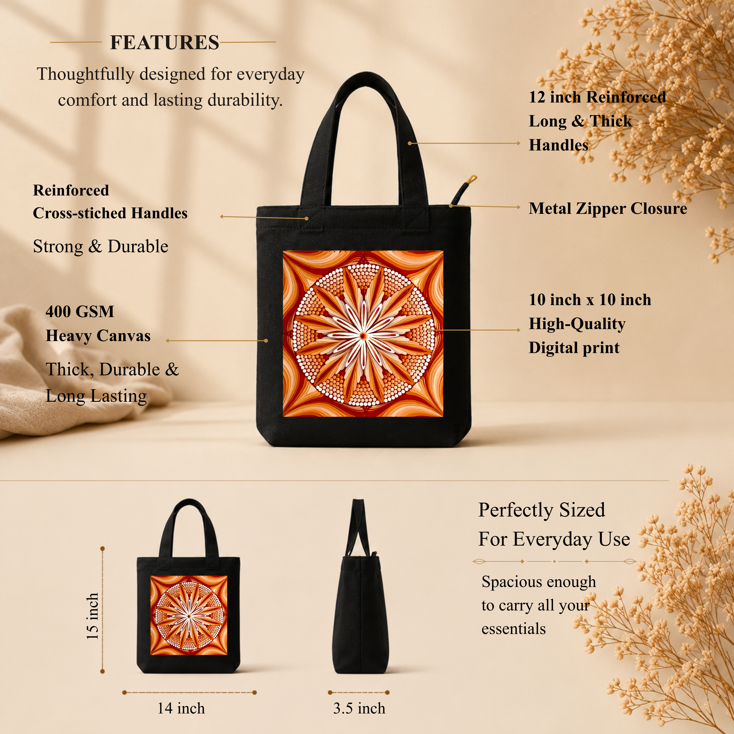 Terracotta Mandala Art Print Canvas Tote Bag