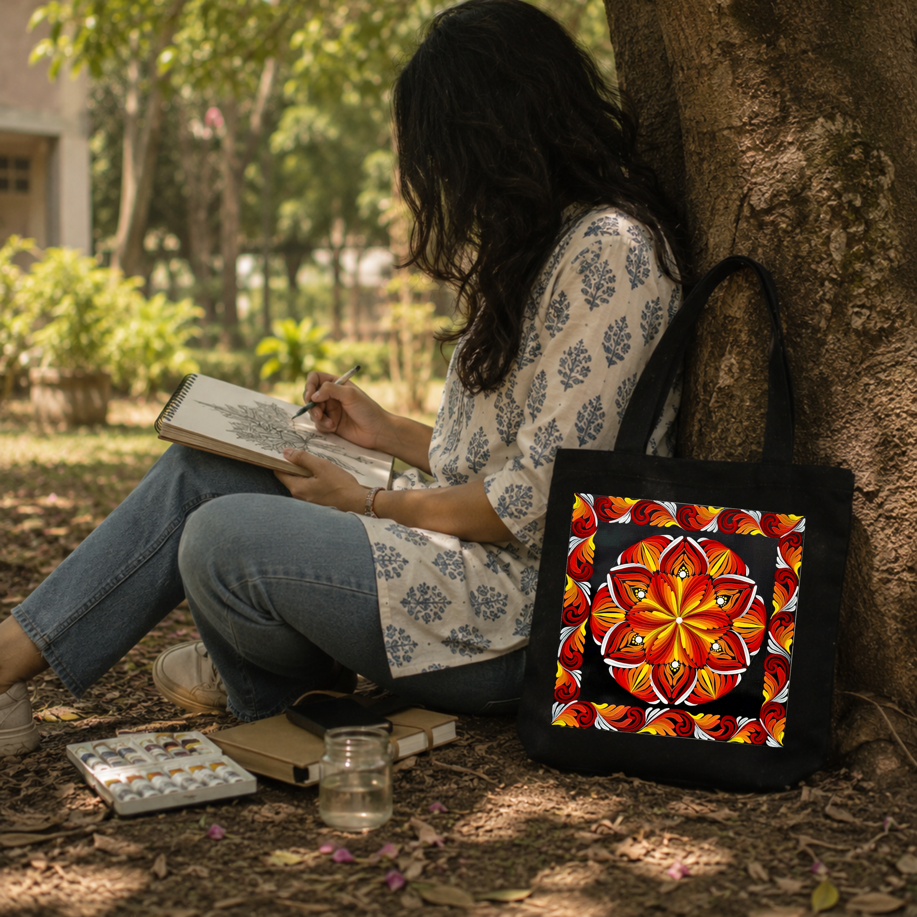 Red Mandala Art Print Canvas Tote Bag