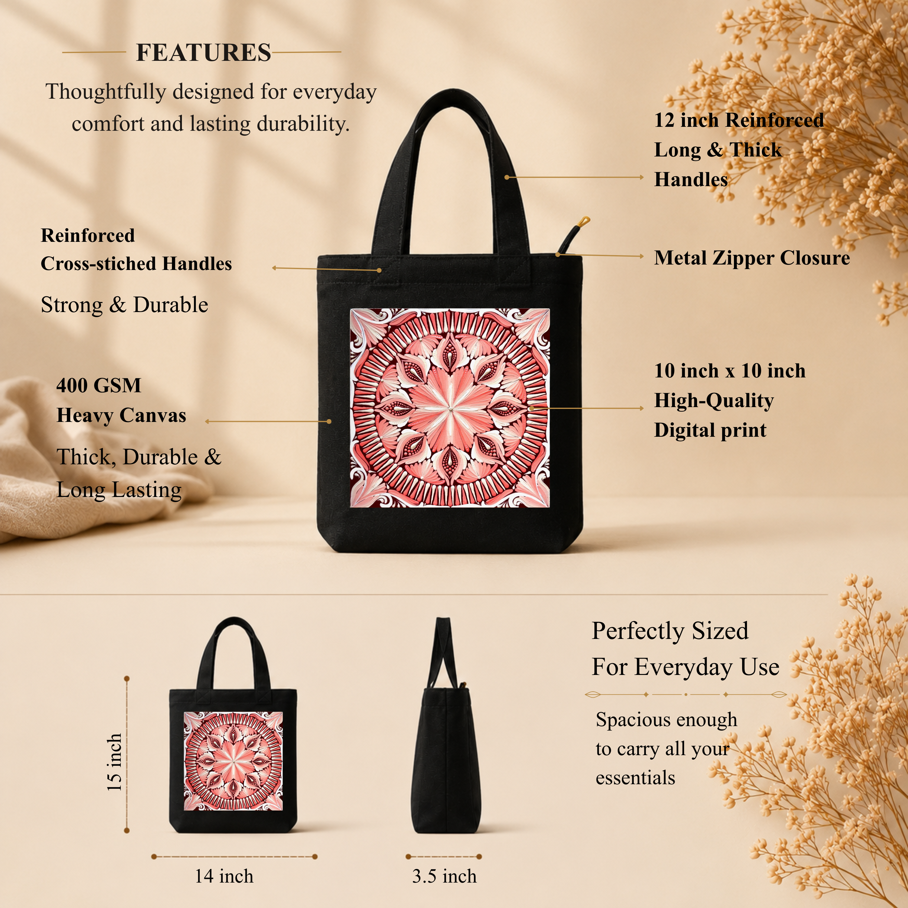 Pink Mandala Art Print Canvas Tote Bag