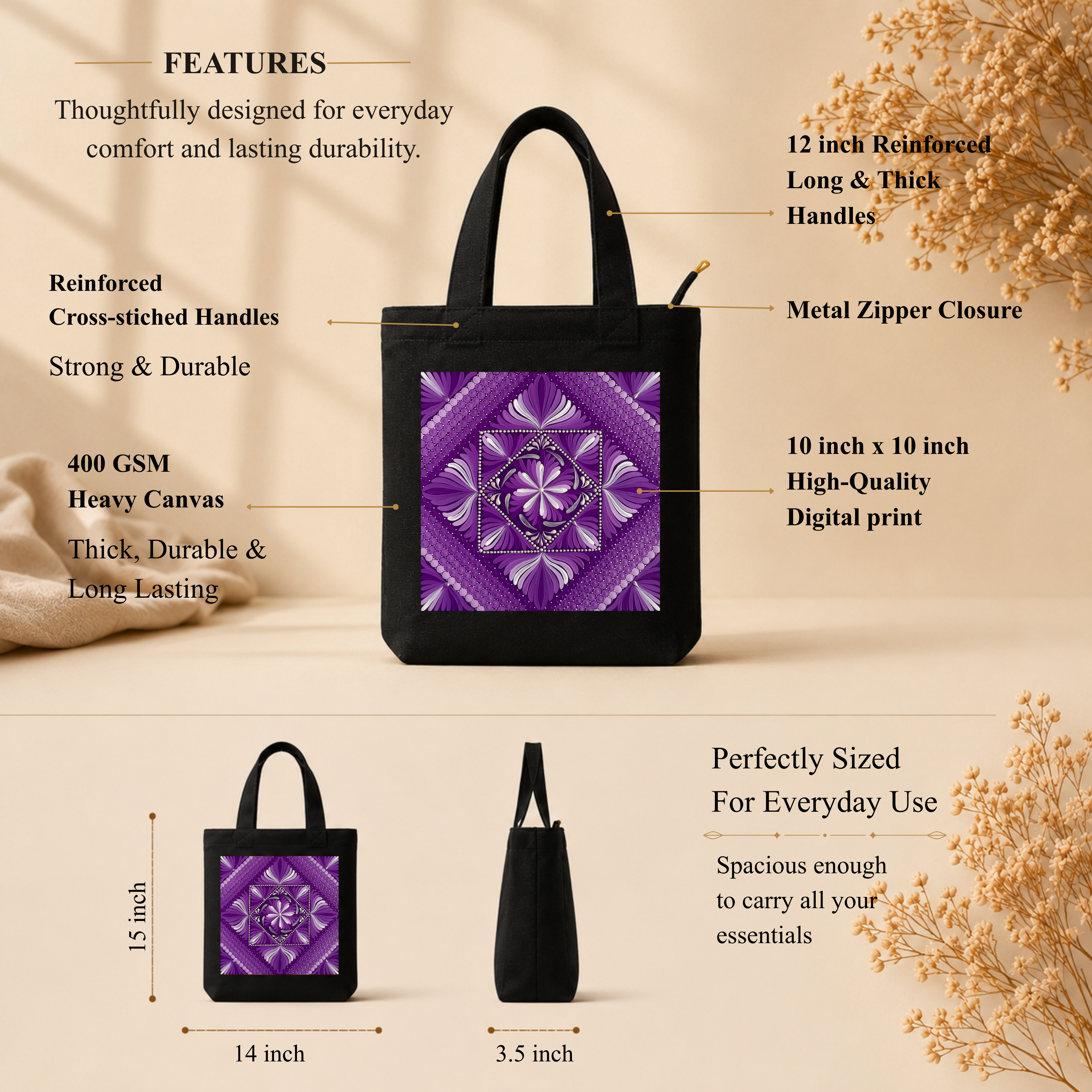 Purple Mandala Art Print Canvas Tote Bag