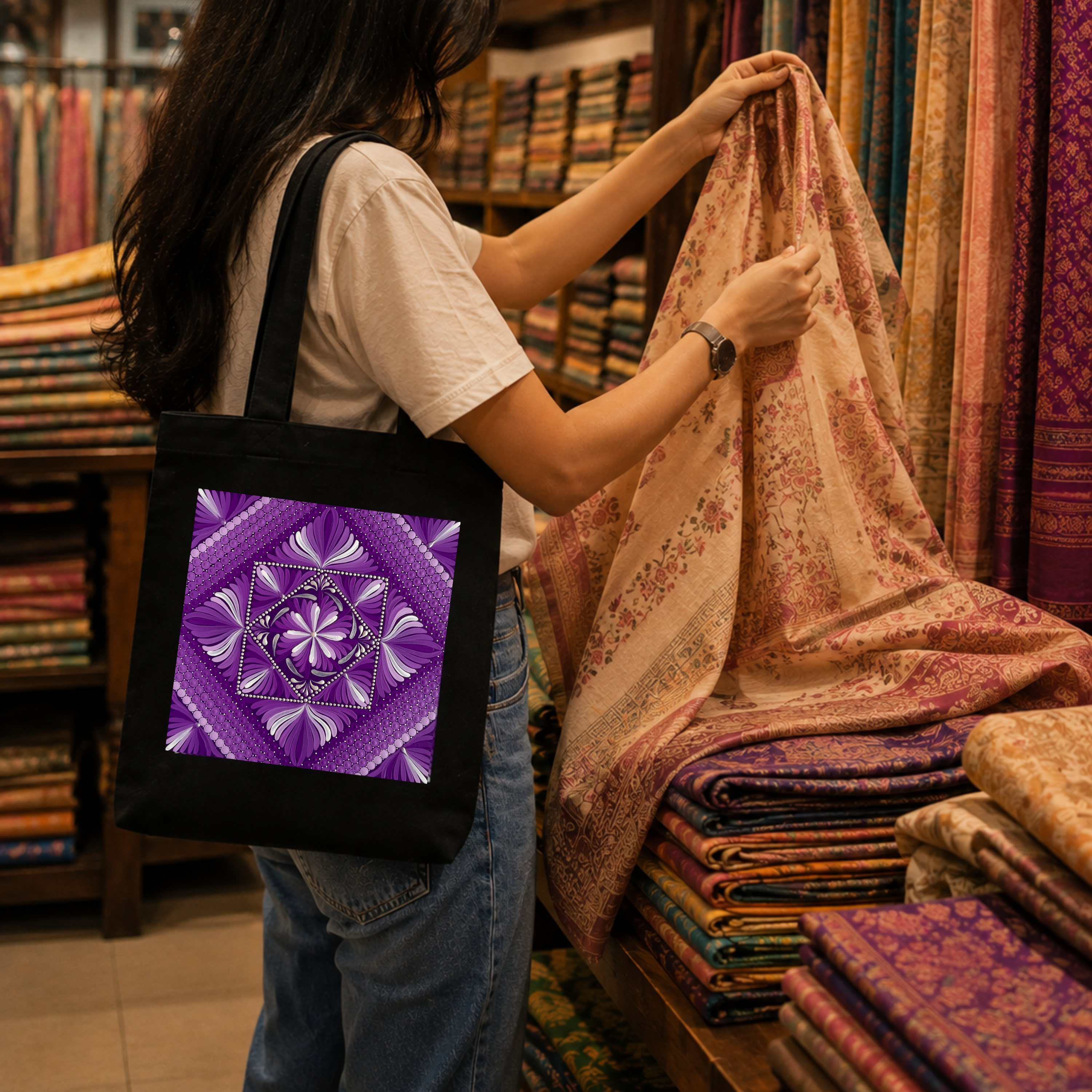 Purple Mandala Art Print Canvas Tote Bag