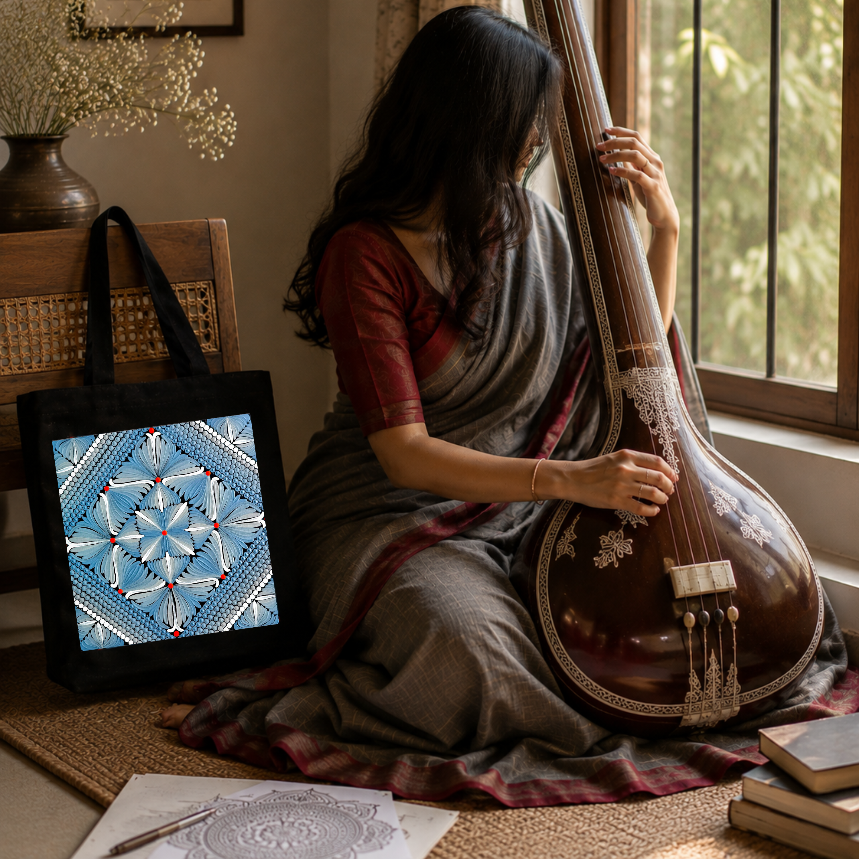 Blue Mandala Art Print Canvas Tote Bag